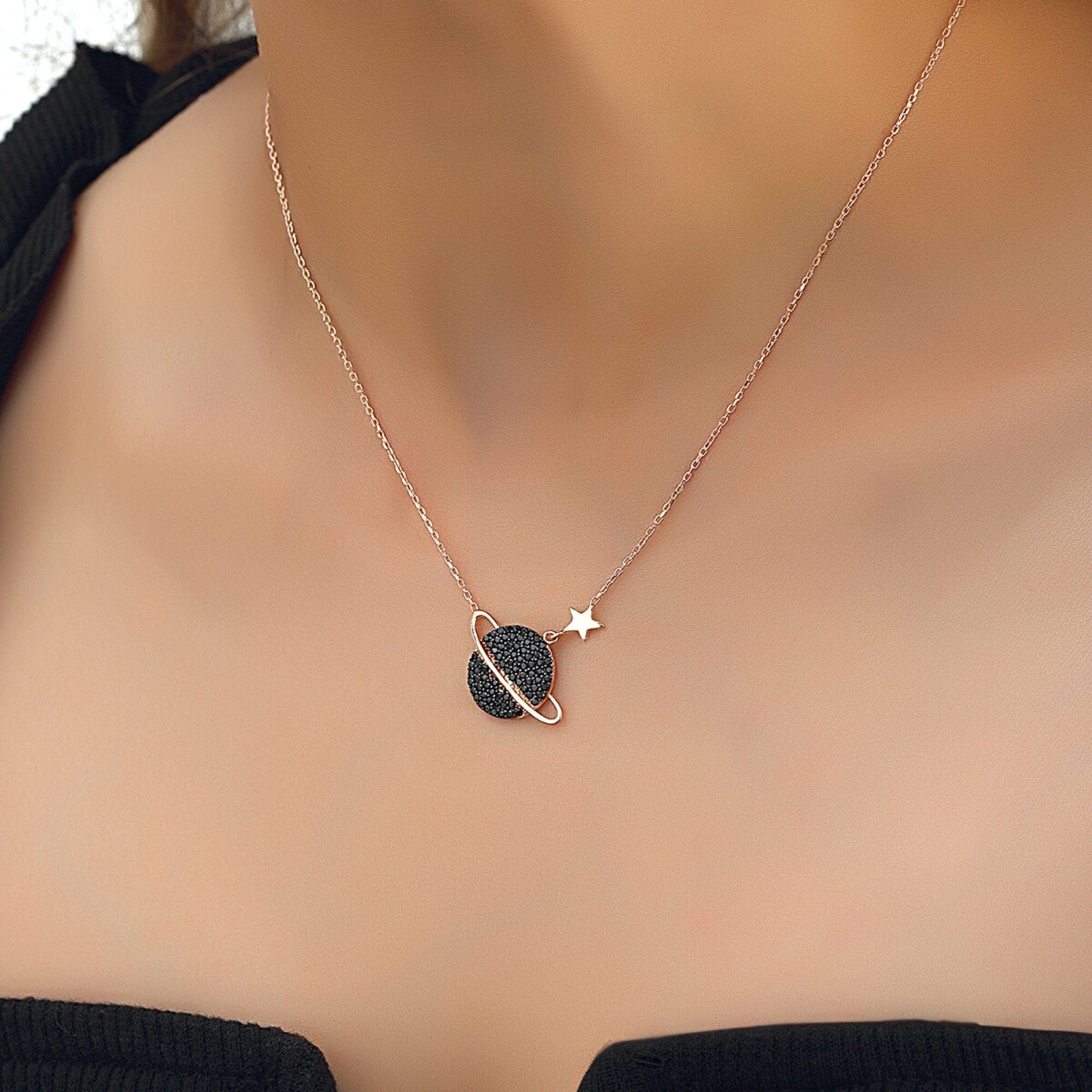 Galaxy Sterling Silver Necklace, Planet Star Jewelry Pendant, , Pave Necklace Personalized Gift, Delicate Silver Necklace