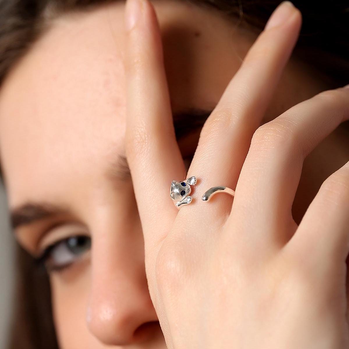 Cute Cat Wraparound Ring , Feline Silver Adjustable Ring , Kitty Hug Silver Ring , Handmade Cat Wrap Ring , Personalized Gift For Cat Lovers