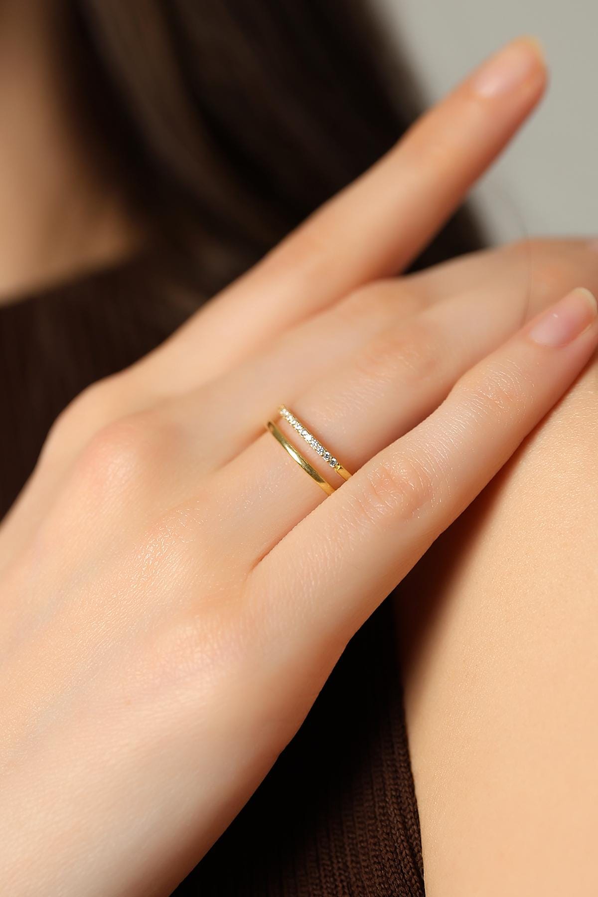 Modern Gold Dual Band Ring , Elegant Cz Double Band Ring , Chic & Classic Stacking Ring, Silver / Gold / Rose Gold Options , Women's Jewelry