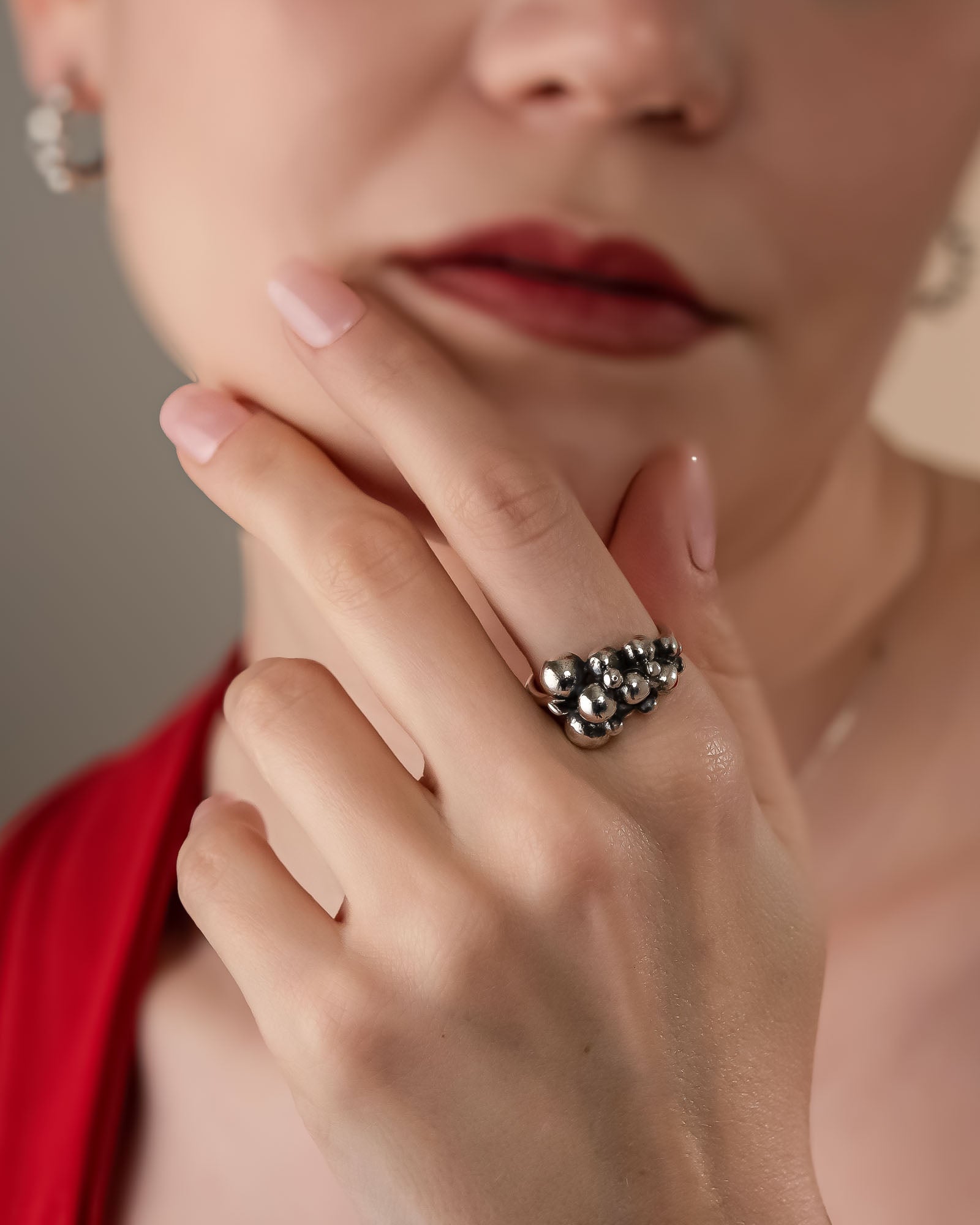 Chunky Silver Bead Cluster Ring , Grape Cluster Inspired Ring , Handmade Bubble Ring , Bold Statement Ring For Women, Boho Bold Ring