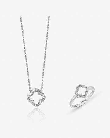 Elegant Four Leaf Clover Jewelry Set , Dainty Necklace And Ring For Good Luck , Symbol Of Luck & Love , Sparkling Good Luck Charm