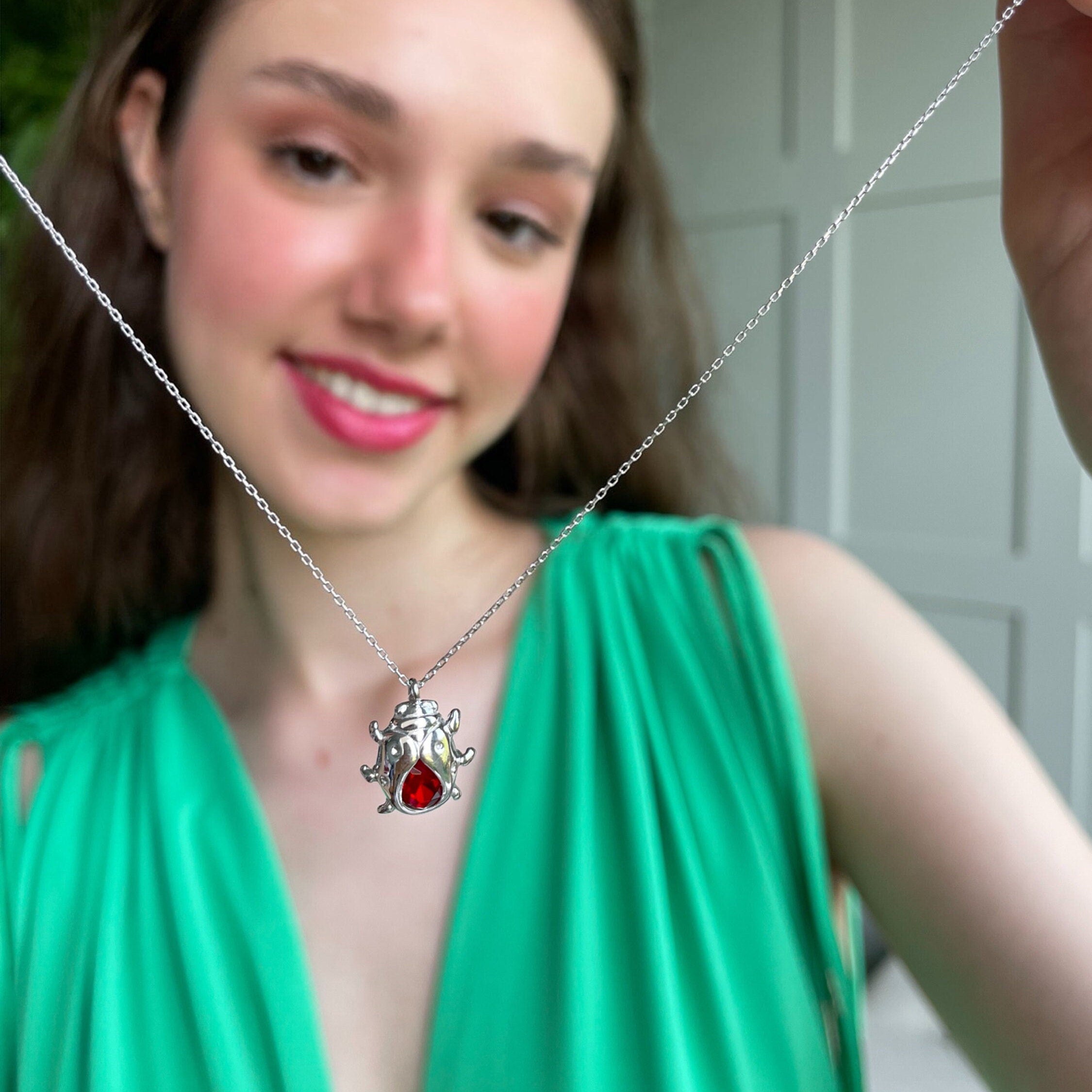 Ladybug Necklace With Red Garnet - Good Luck Charm - Minimalist Animal Necklace - 925 Sterling Silver Jewelry For Women - Dainty Gift
