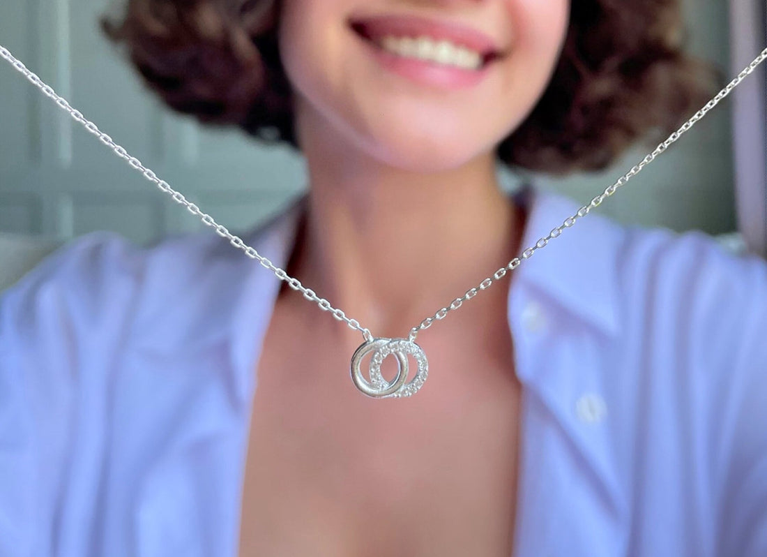 Sterling Silver Double Ring Necklace -togetherness Eternal Ring Necklace - Cz Double Circle Linked Necklace -