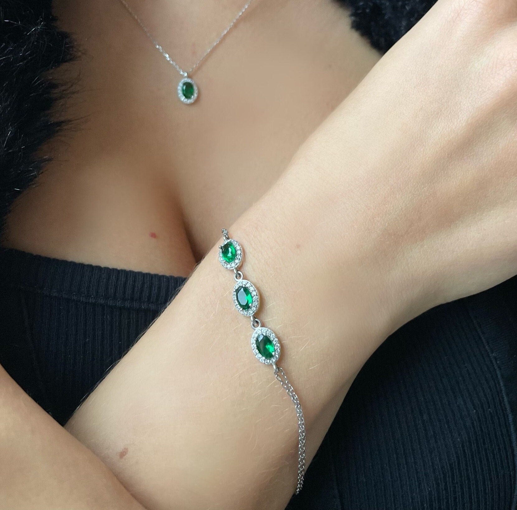 Triple Emerald Charm Bracelet - Sterling Silver & Dazzling Green Elegant Jewelry - Round-cut Emerald Beauty -