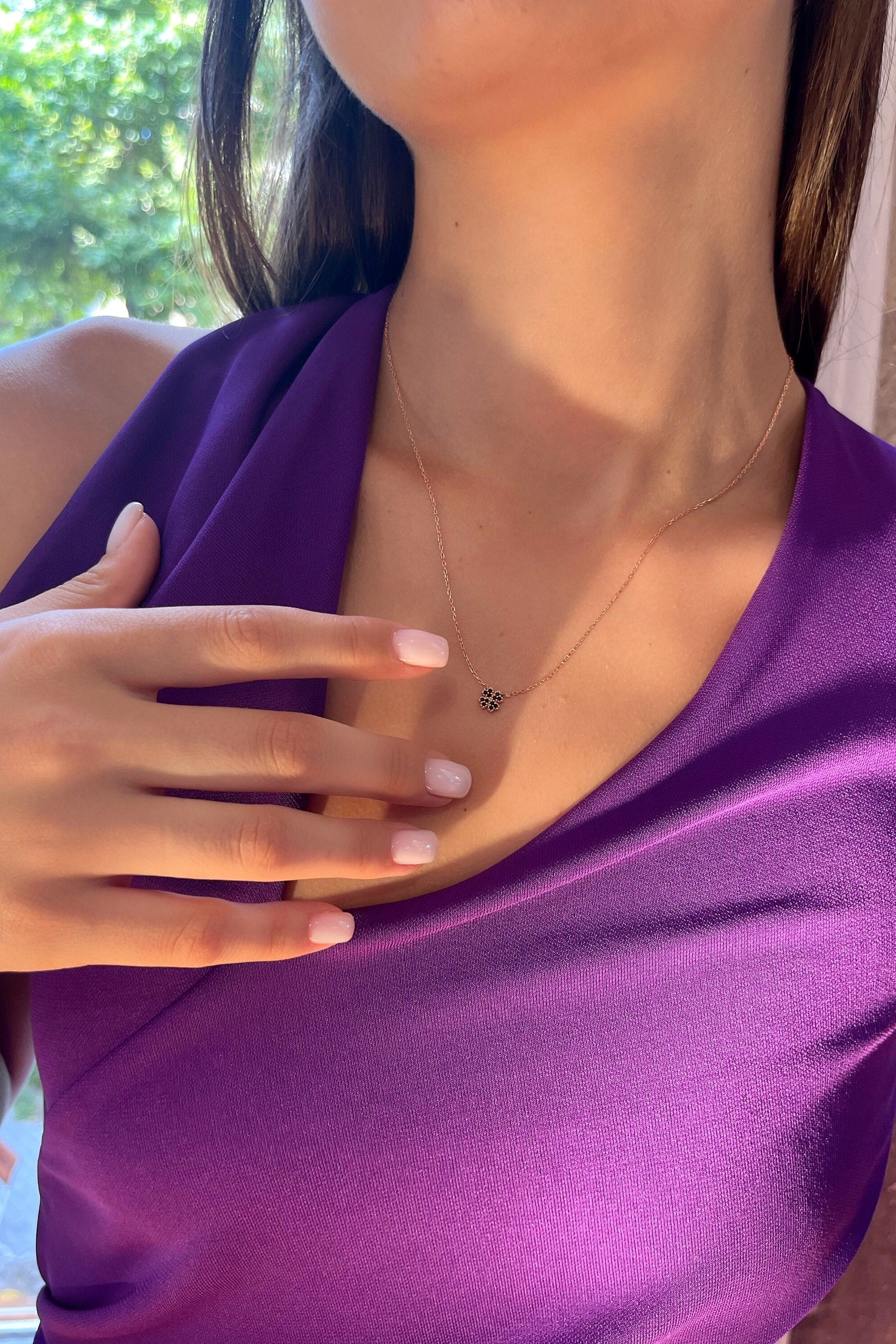 Tiny Four Leaf Clover Necklace - Clover Pendant With Black Gemstone - Rose Gold Color Necklace - Delicate 925 Sterling Silver Jewelry