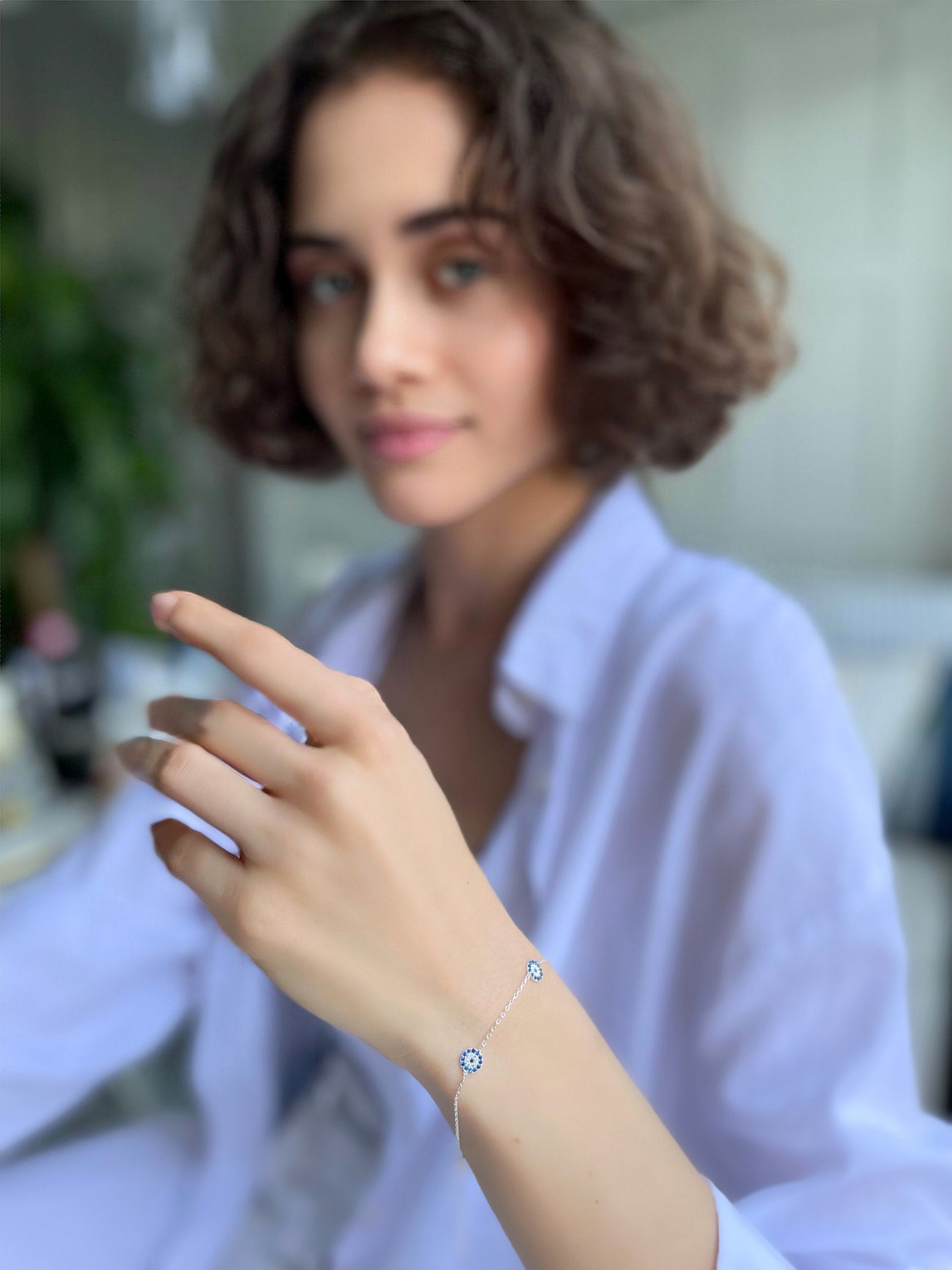 Sterling Silver Round Evil Eye Bracelet - Cubic Zirconia Blue Eye Bracelet- Delicate Everyday Jewelry - Good Luck Bracelet - Celebrate Pride