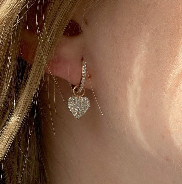 Small Pave Heart Charm Hoop Earrings - 925 Sterling Silver Cz Heart Charm Hoops - Dainty Minimalist Earrings - Delicate Rose Gold Earrings