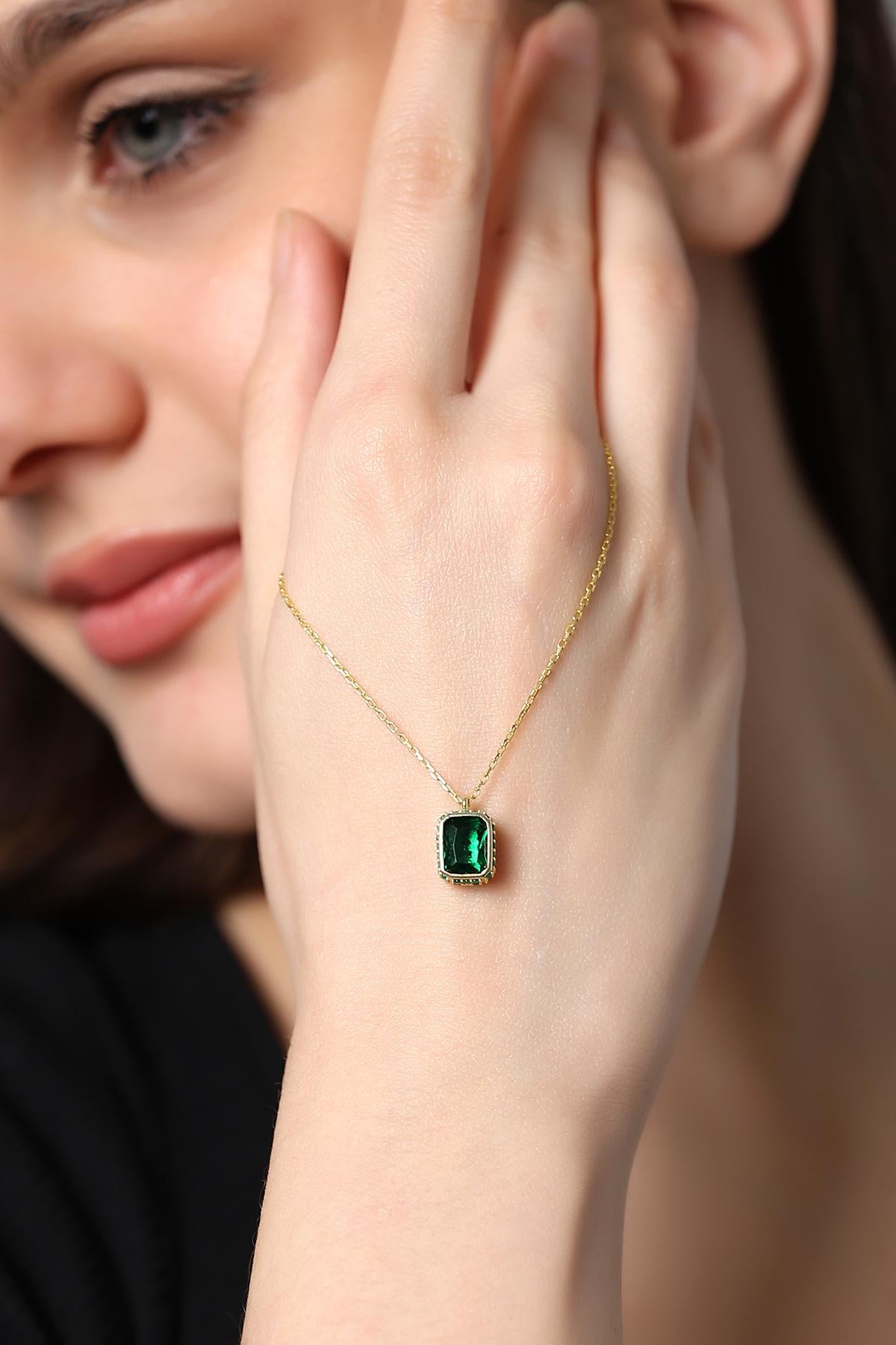 Baguette Cut Emerald Necklace , Gold Framed Gothic Black Gem Pendant , Handmade Timeless Jewelry , Emerald Cut Solitaire Silver Necklace