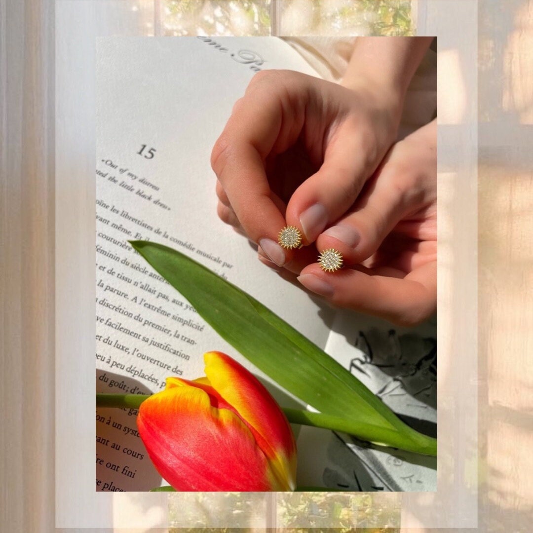 Dainty Radiant Sun Stud Earring - Sparkling Sun Gold Color Earrings - Minimalist Earrings - Sterling Silver Handmade Jewelry