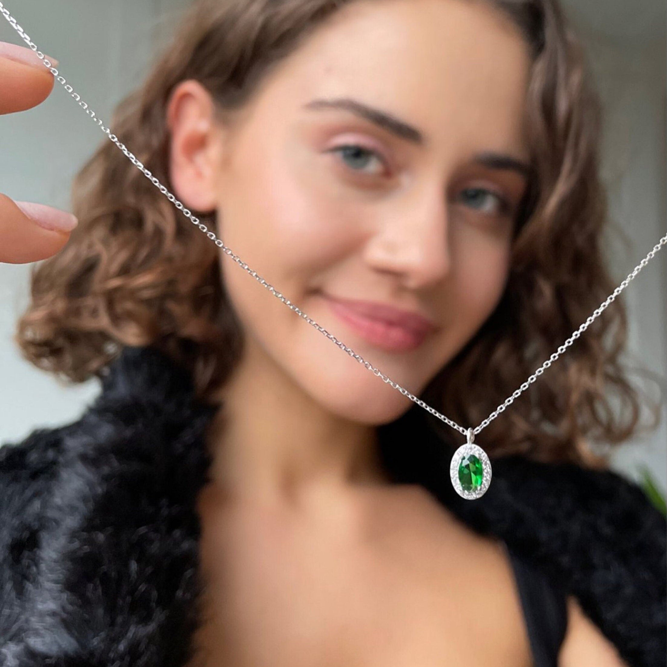 Sparkling Emerald Jewelry Set - Oval Cut Green Gemstone Necklace, Bracelet And Earrings - Dainty Sterling Silver Jewelry Set For Women