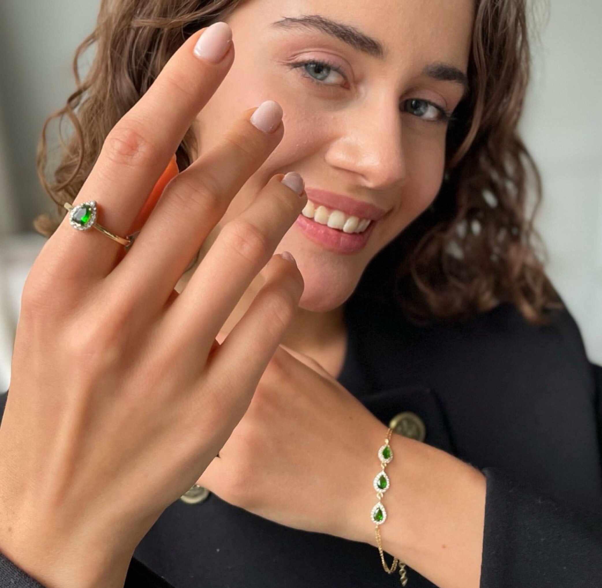 Sparkling Cz Teardrop Jewelry Set - Sapphire / Emerald / Crystal Gemstone Bracelet And Ring - Bridal Jewelry Set -