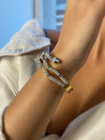 Chunky Snake Bracelet, Gold Plated Snake Bangle, Snake Jewelry, White & Black Zircon Stone Bracelet, Serpent Snake Bracelet, Snake Bracelet