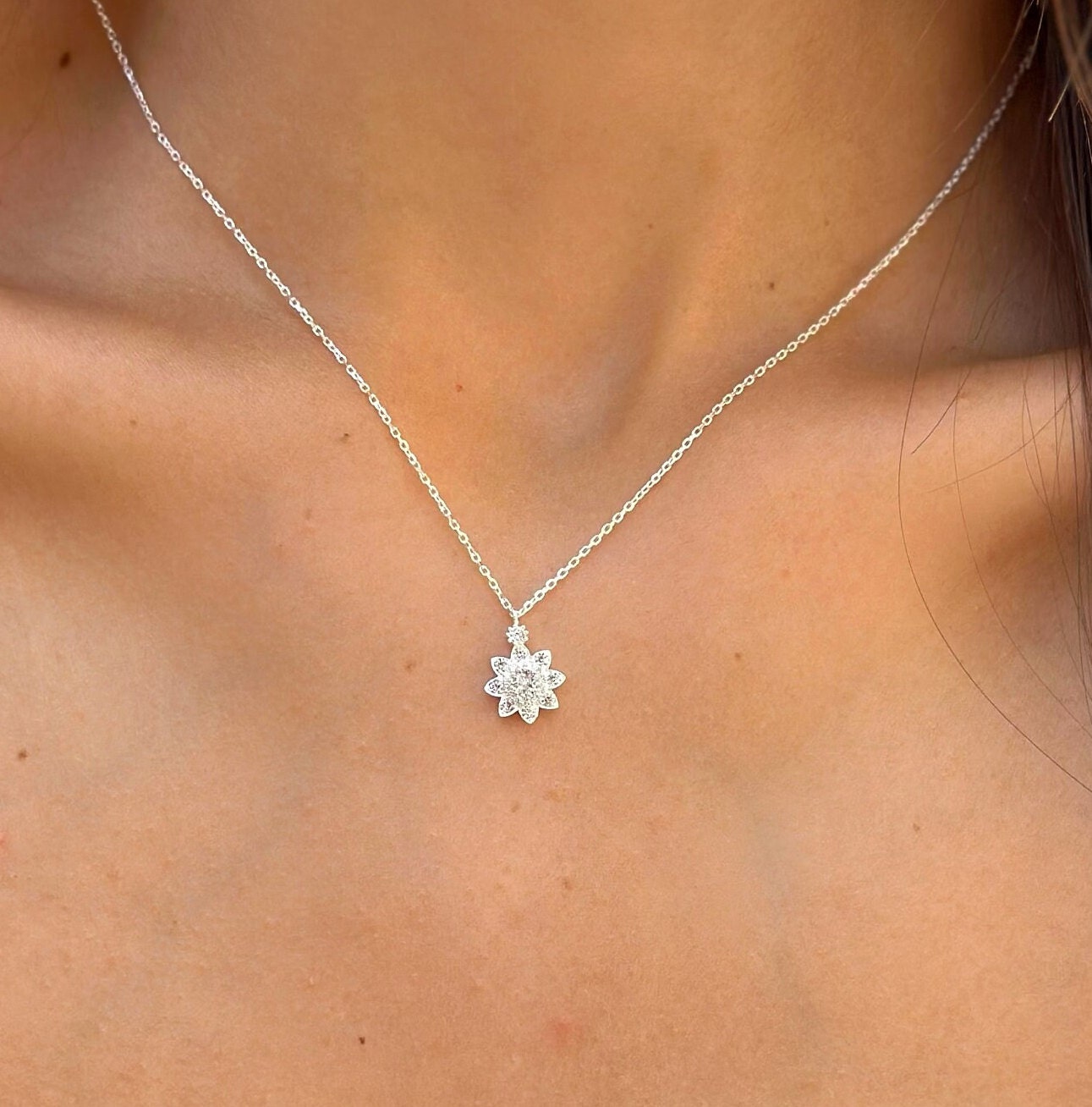 Sparkling Floral Design Pendant- Sterling Silver Flower Necklace - Cz Flower Pendant - Jewish Model Necklace - Gift Idea - Perfect Gift Idea