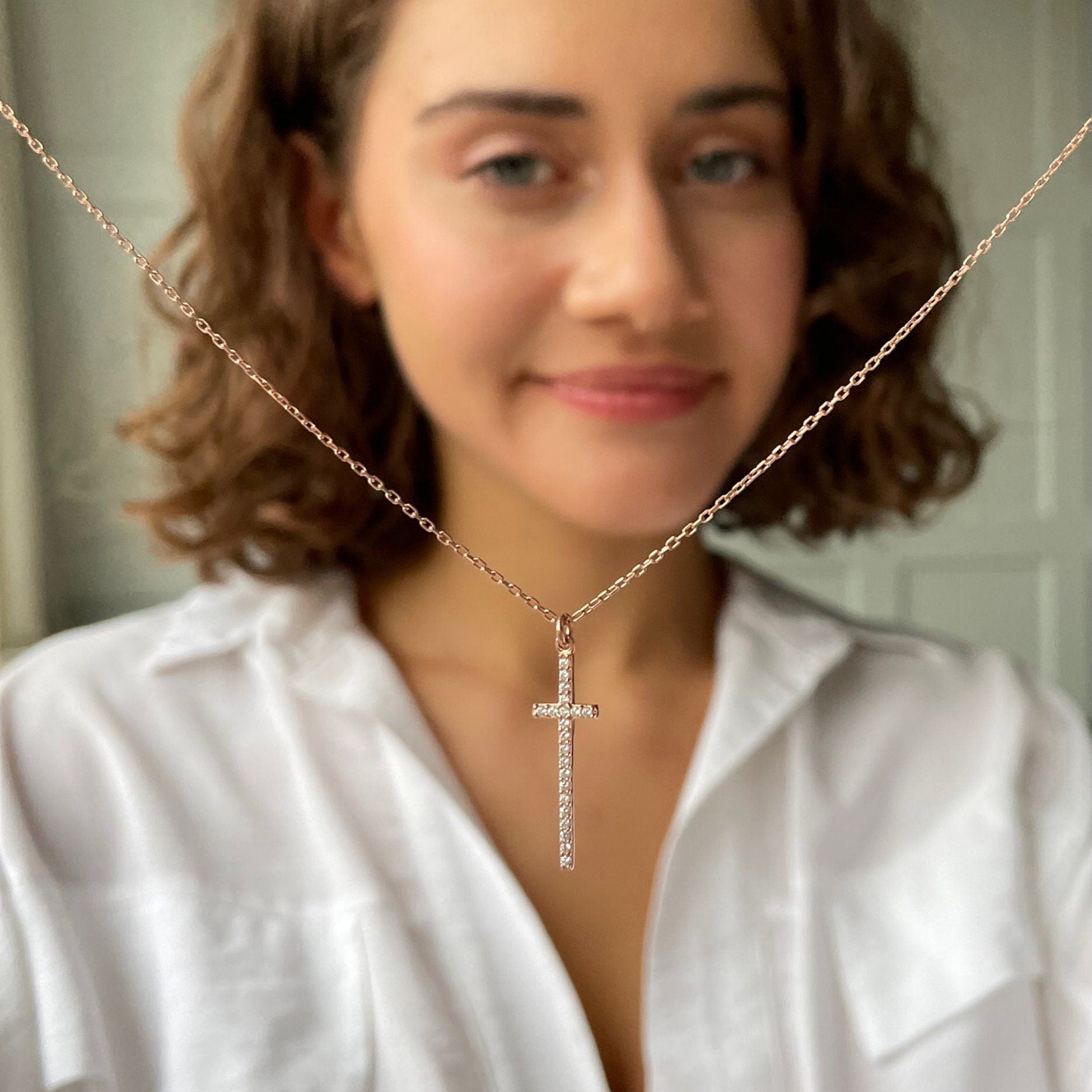 Sterling Silver Cross Necklace - Tiny Cross Pendant, Dainty Christian Jewelry, Religious Gift, Gold / Silver / Rose Gold Minimalist Necklace