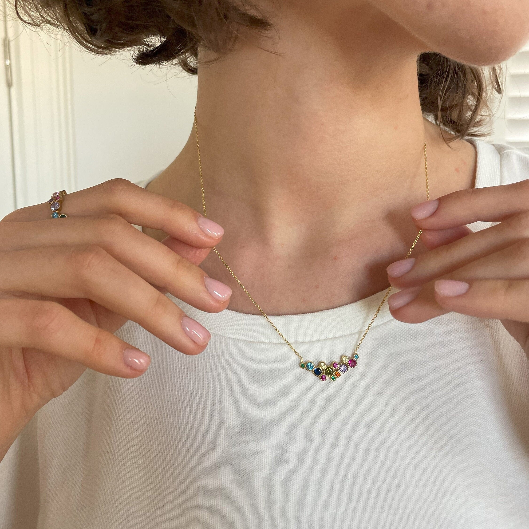 Round Cut Multicolor Birthstone Necklace - Emerald, December Blue, Sapphire, Mix Gemstones Jewelry - Gold Plated 925 Sterling Silver Jewelry