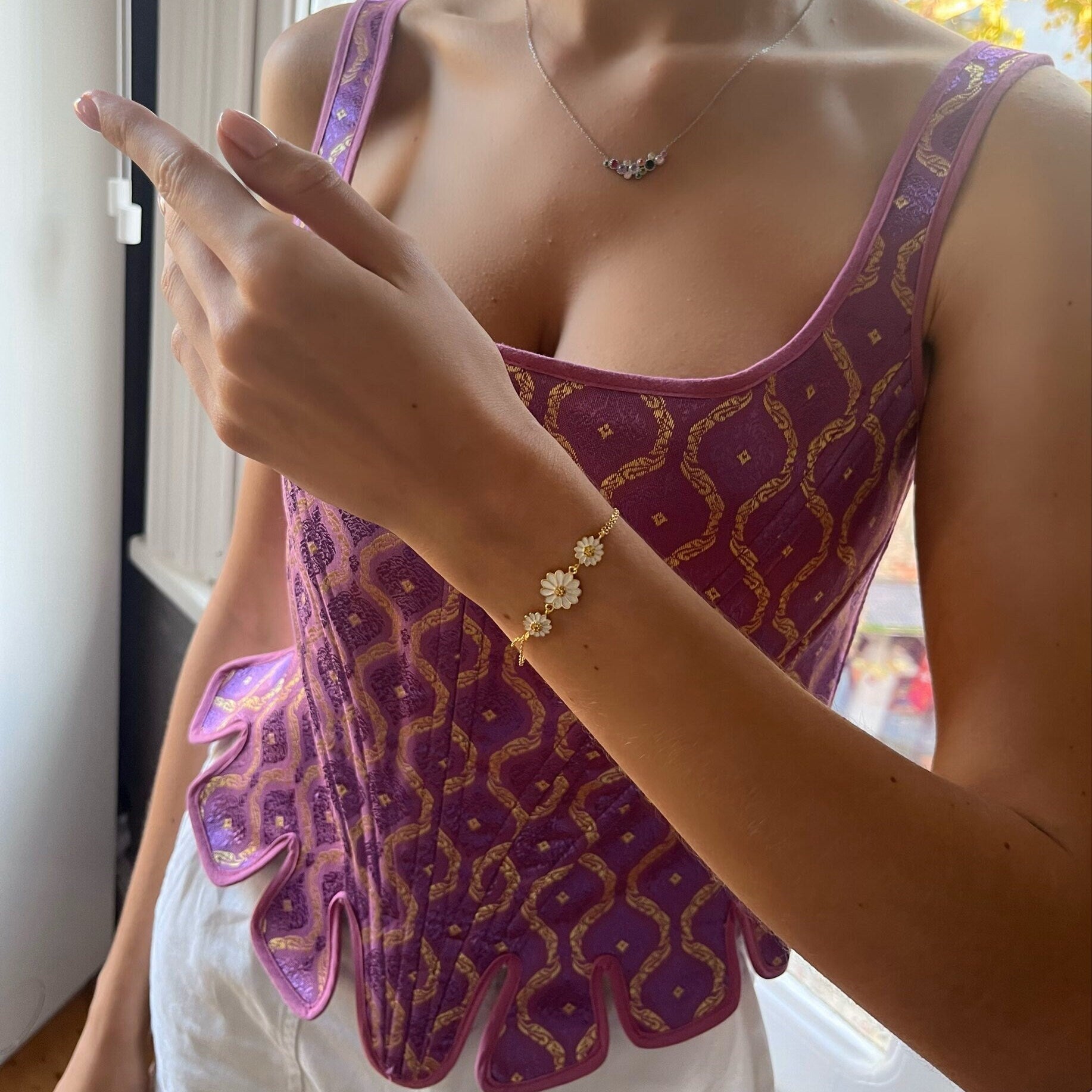 Double Chain Daisy Bracelet - Gold Color Daisy Charm Bracelet - Floral Jewelry - Adjustable 925 Sterling Silver Jewelry - Handmade Gift