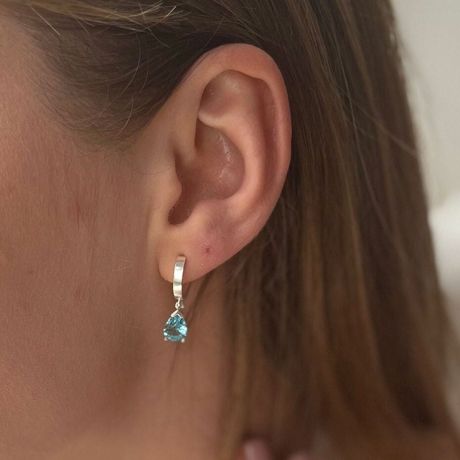 Blue Zircon Drop Birthstone Earrings - Aquamarine/emerald/garnet/sapphire Dangle Earrings - Dainty Silver Hoops - Summer Jewelry