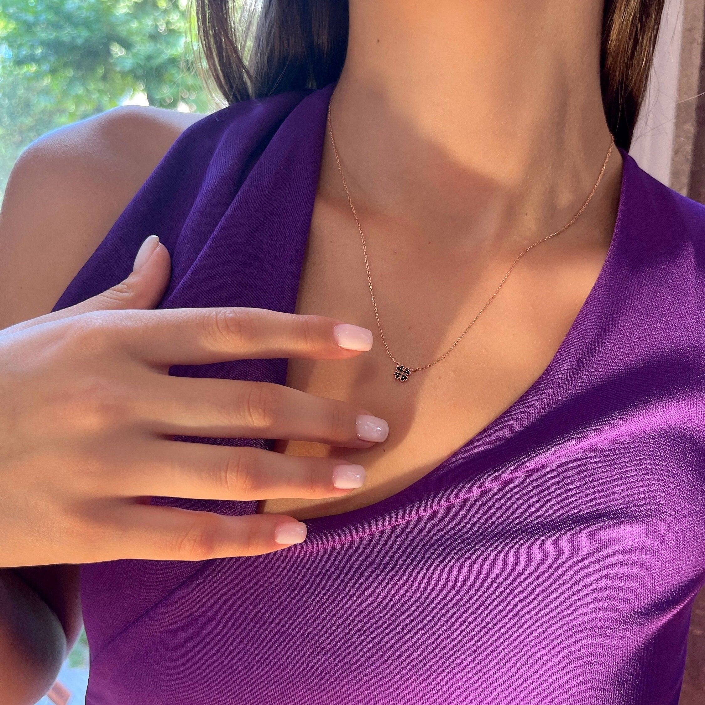 Tiny Four Leaf Clover Necklace - Clover Pendant With Black Gemstone - Rose Gold Color Necklace - Delicate 925 Sterling Silver Jewelry