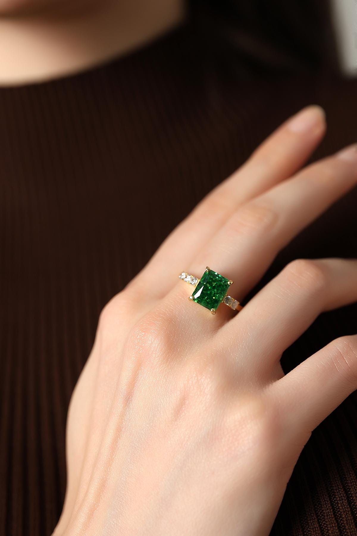 Stunning Emerald Ring, Classic And Timeless Jewelry, Princess Cut Emerald Ring, Anniversary Or Promise Ring, Gold Ring With Sparkling Stones