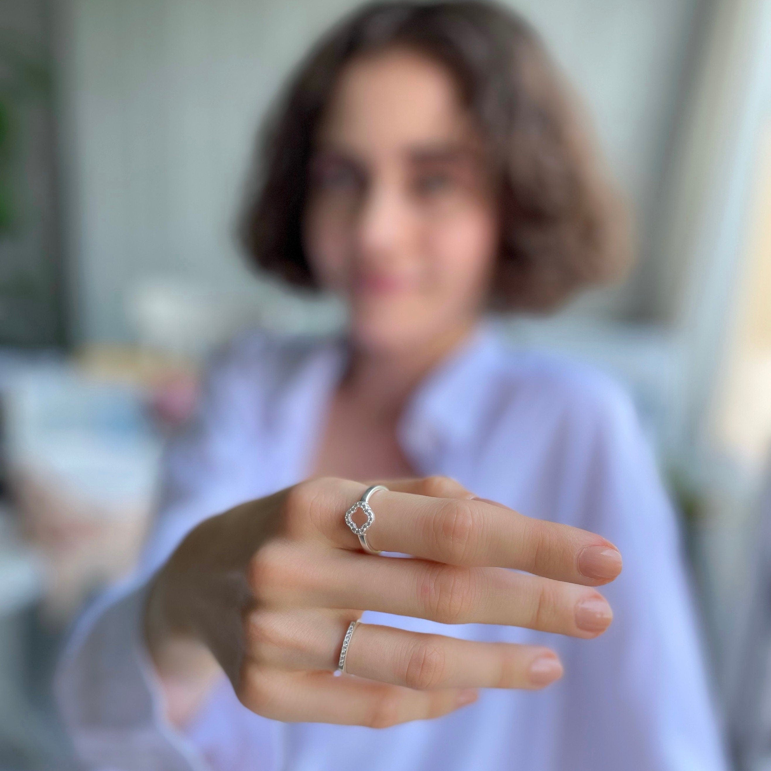 Engraved Sterling Silver Four Leaf Clover Ring - Cz Clover Ring - Adjustable Lucky Ring - - Art Deco Ring