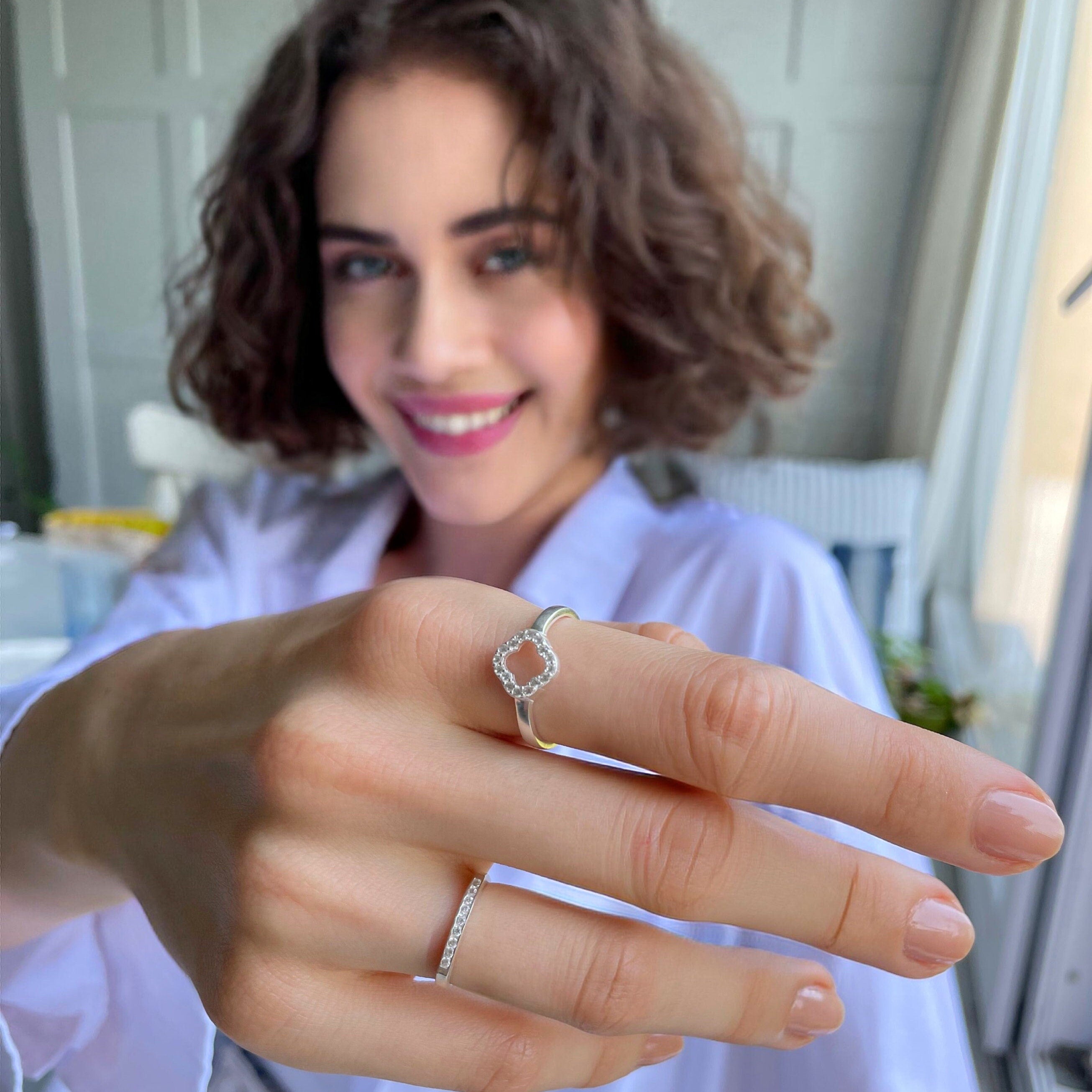 Engraved Sterling Silver Four Leaf Clover Ring - Cz Clover Ring - Adjustable Lucky Ring - - Art Deco Ring