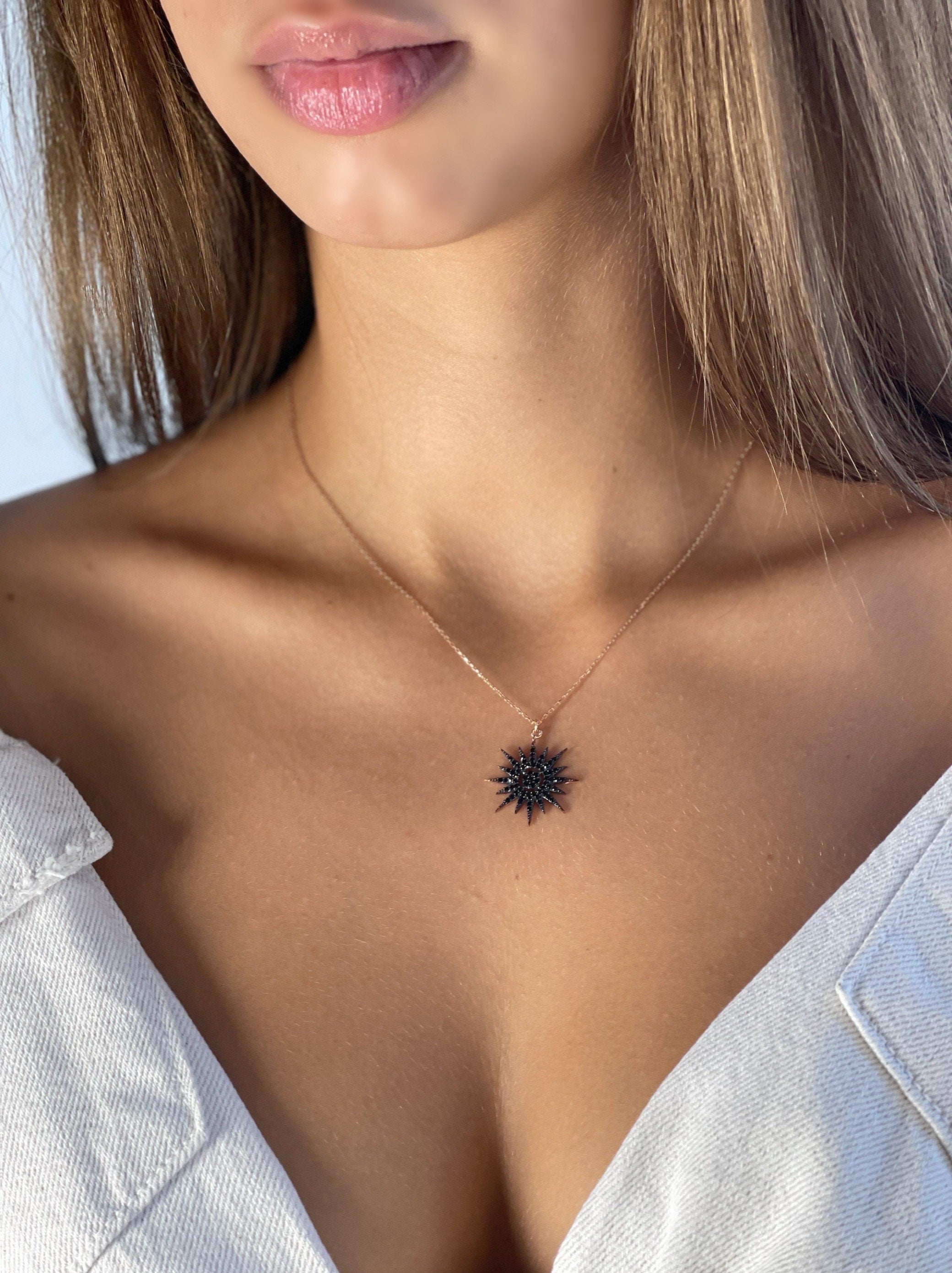 Cosmic Star Necklace, North Star Jewelry Pendant, , Starburst Pave Necklace, Delicate Silver Necklace