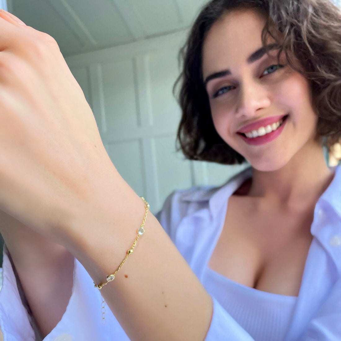 Minimalist Cz Bezel Chain Bracelet - Gold Plated Bracelet With Zirconia And Tiny Balls - Women Jewelry - Bridesmaid Gift - Dainty Bracelet