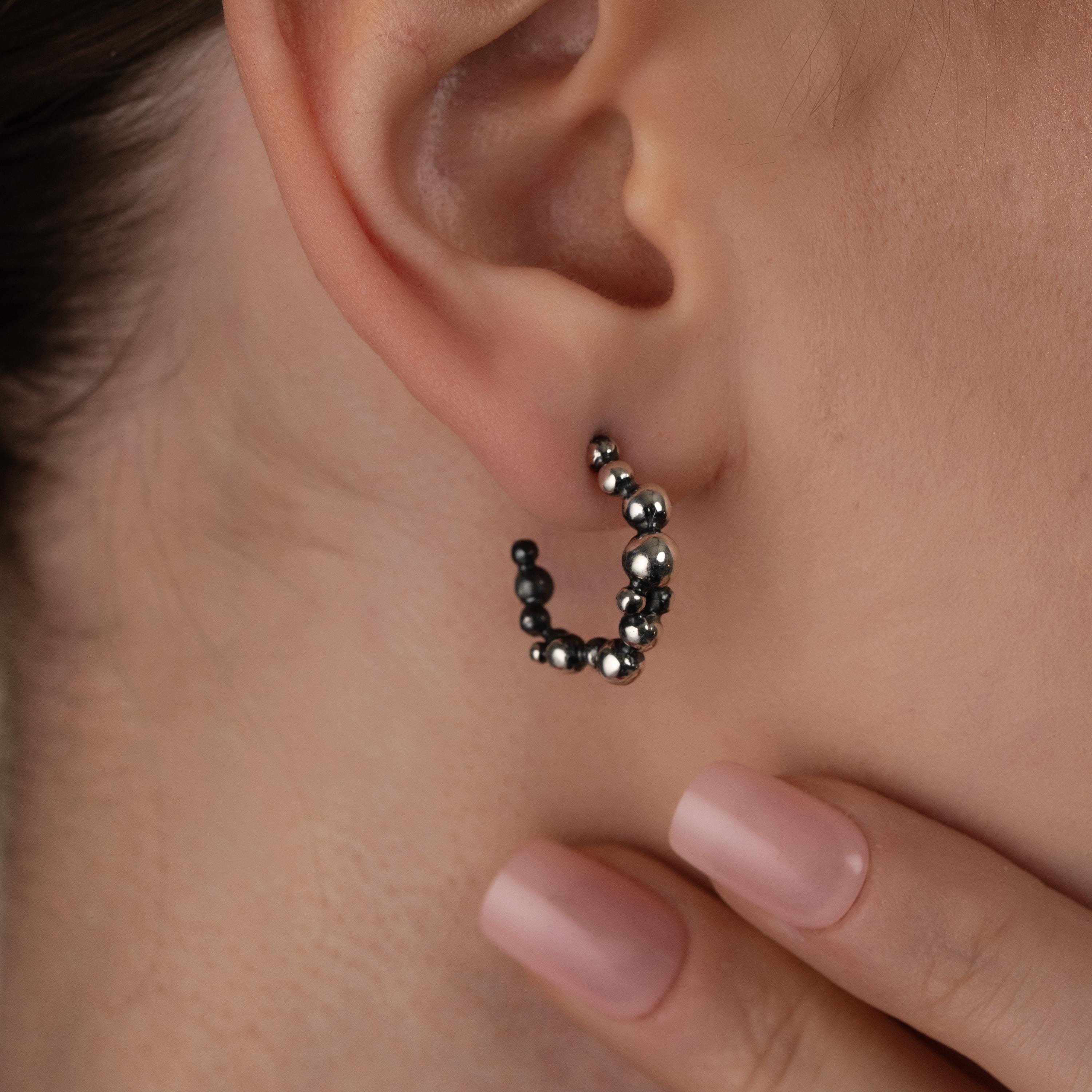 Handmade Beaded Bubble Hoop Earrings , Modern Bead Statement Hoops, Contemporary Jewellery , Unique Earrings Gift , Gold & Silver Bead Hoops