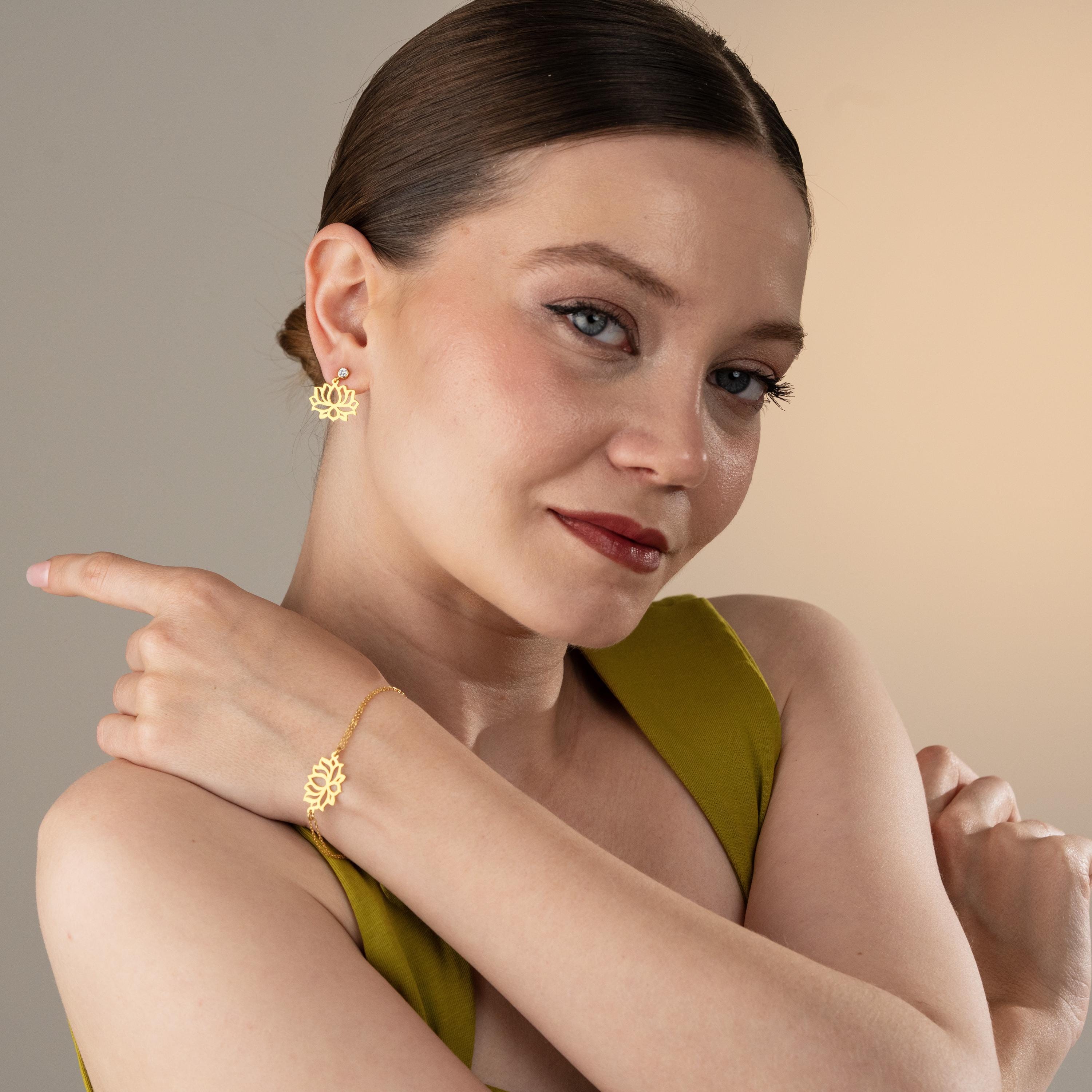 Gold Lotus Flower Jewelry Set, Dainty Bracelet & Earrings