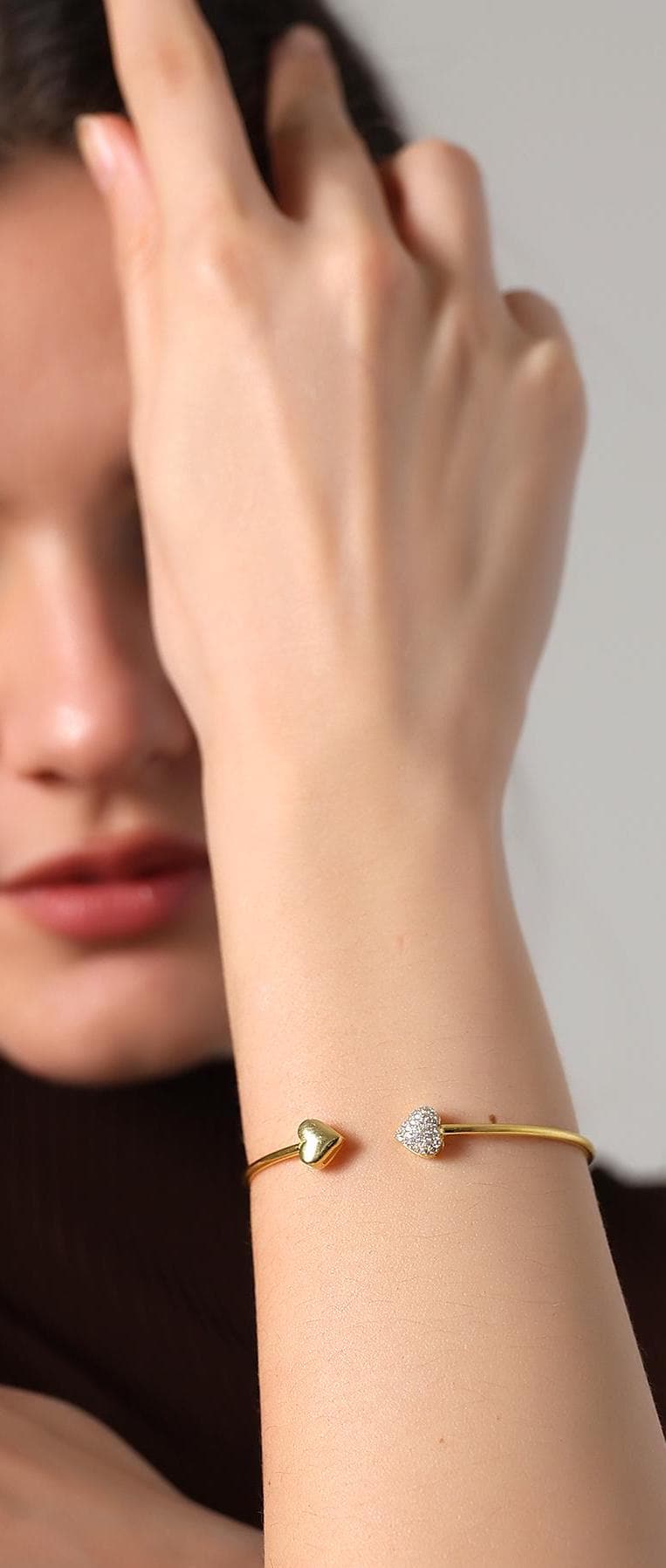 Romantic Gold Heart Bracelet , Pavé Heart Cuff , Dainty Heart Bracelet , Elegant Gold Bracelet , Handmade ,