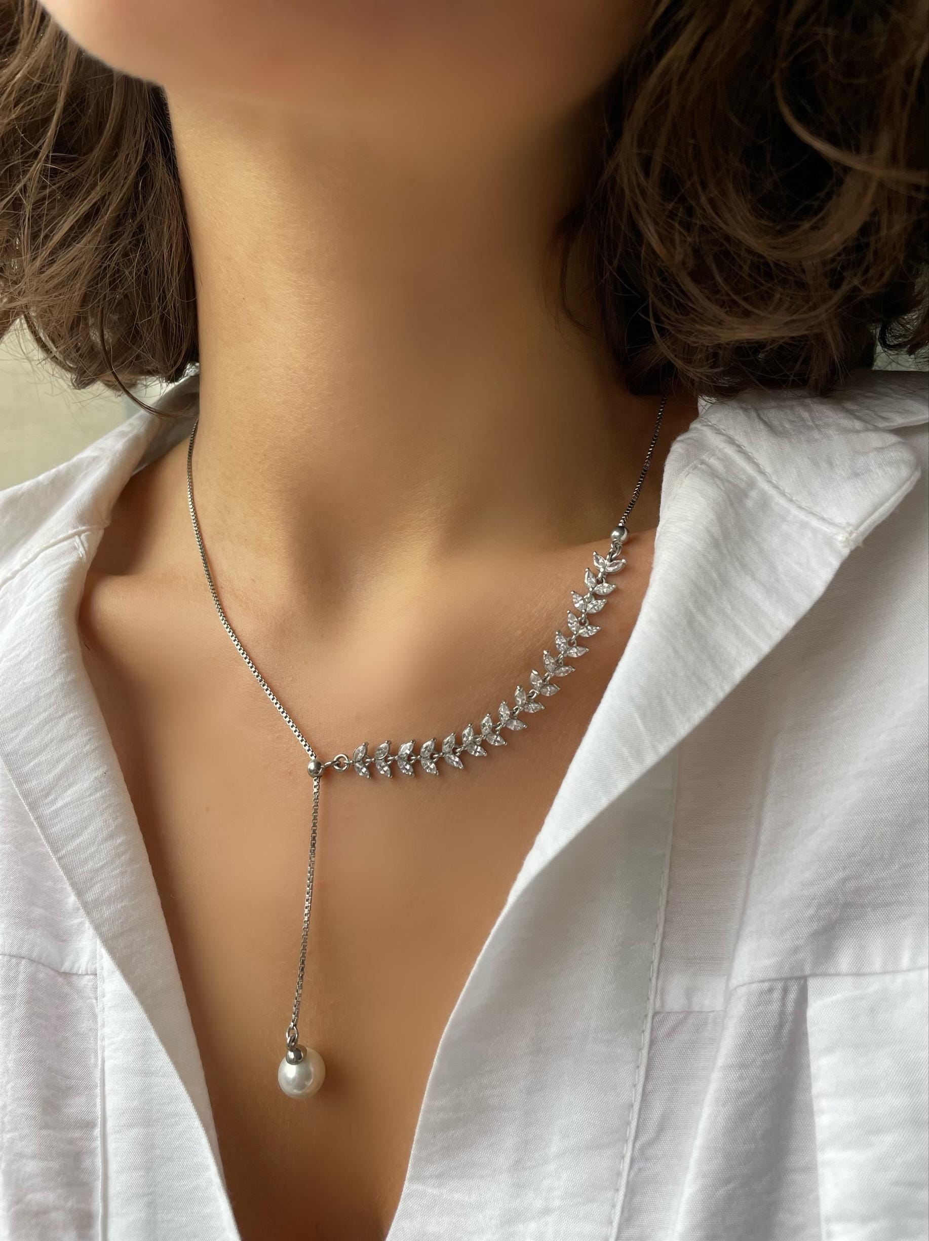 Custom Design Silver & Pearl Jewelry Set - Adjustable Slider Chain Necklace And Pearl Earrings - Valentine’s Day Gift