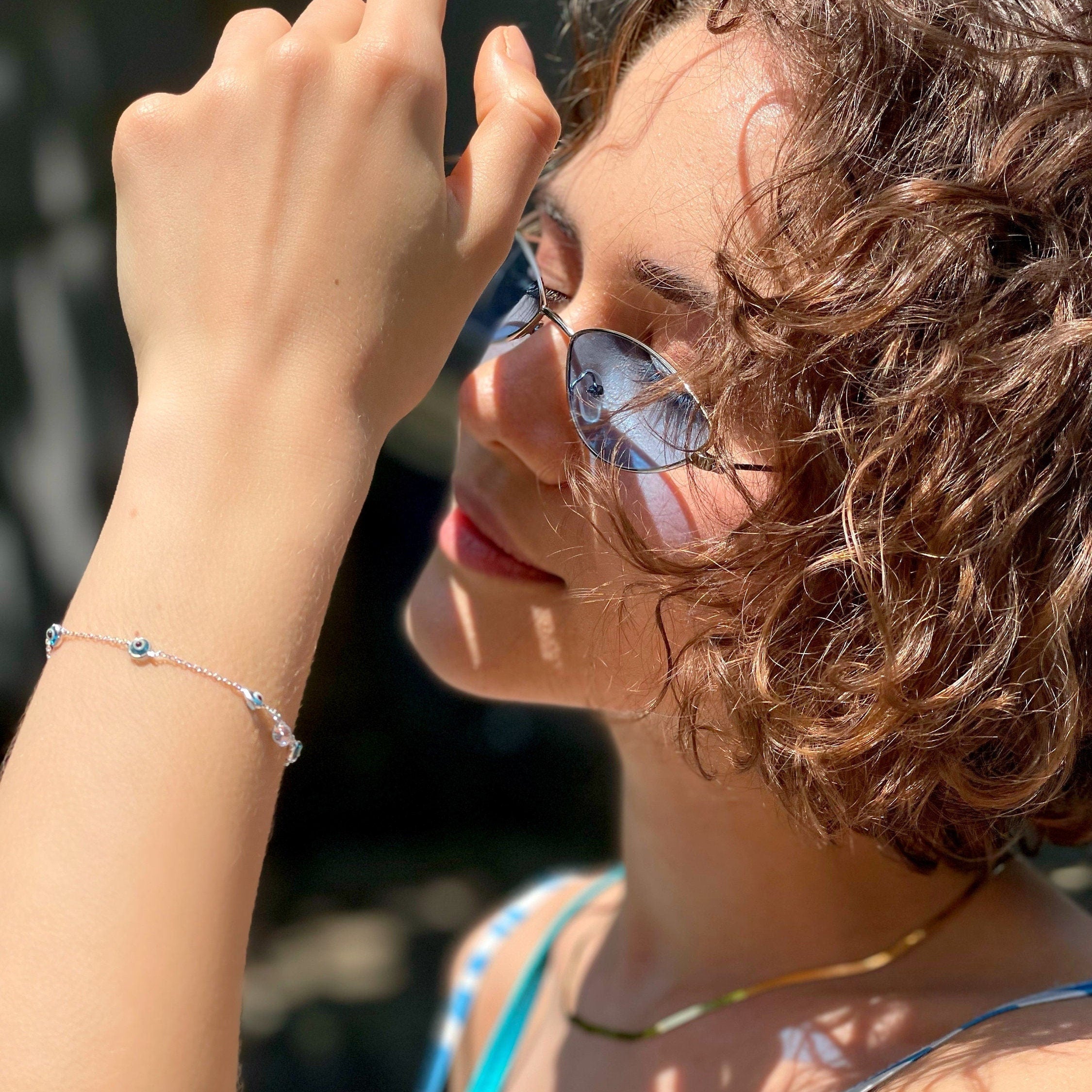 Sterling Silver Blue Evil Eye Bracelet - Blue Glass Beads - Protection & Possitive Energy - Summer Jewelry For Women