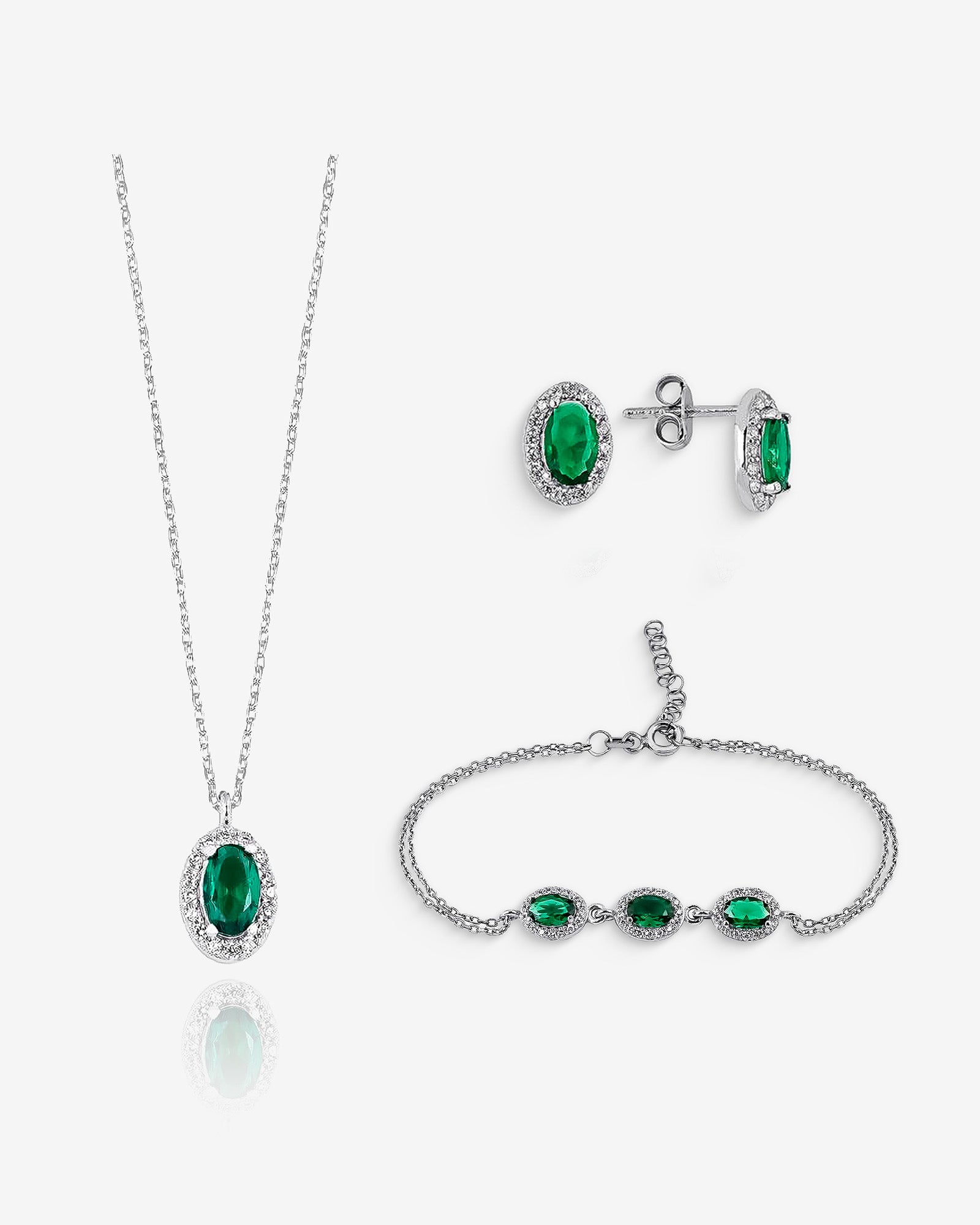 Sparkling Emerald Jewelry Set - Oval Cut Green Gemstone Necklace, Bracelet And Earrings - Dainty Sterling Silver Jewelry Set For Women