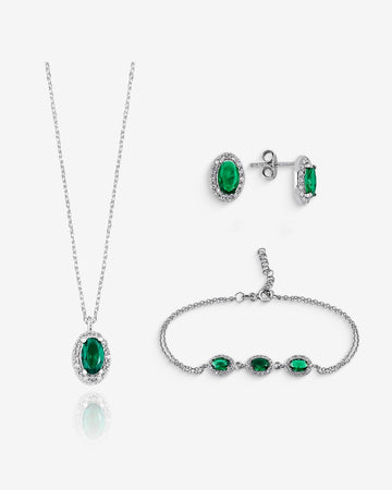 Sparkling Emerald Jewelry Set - Oval Cut Green Gemstone Necklace, Bracelet And Earrings - Dainty Sterling Silver Jewelry Set For Women