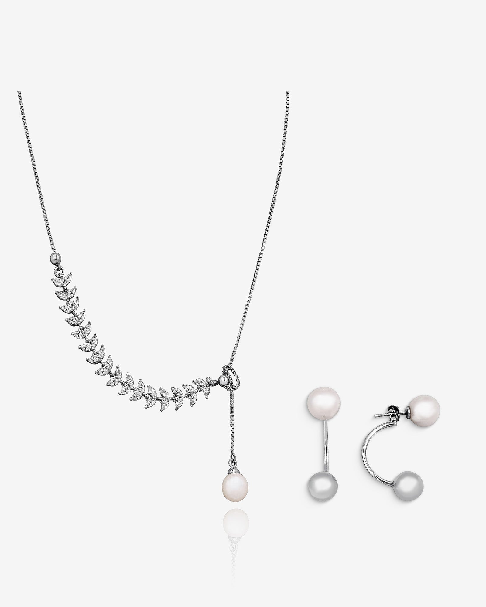 Custom Design Silver & Pearl Jewelry Set - Adjustable Slider Chain Necklace And Pearl Earrings - Valentine’s Day Gift