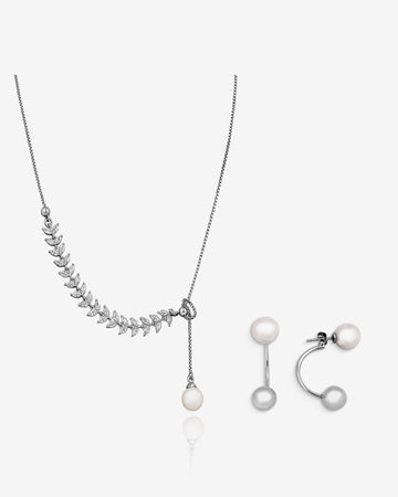 Custom Design Silver & Pearl Jewelry Set - Adjustable Slider Chain Necklace And Pearl Earrings - Valentine’s Day Gift