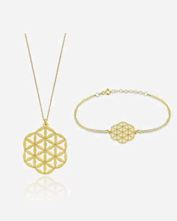 Boho Flower Of Life Jewelry Set , Dainty Gold Necklace & Bracelet For Women , Yoga Necklace And Bracelet Gift , Spiritual