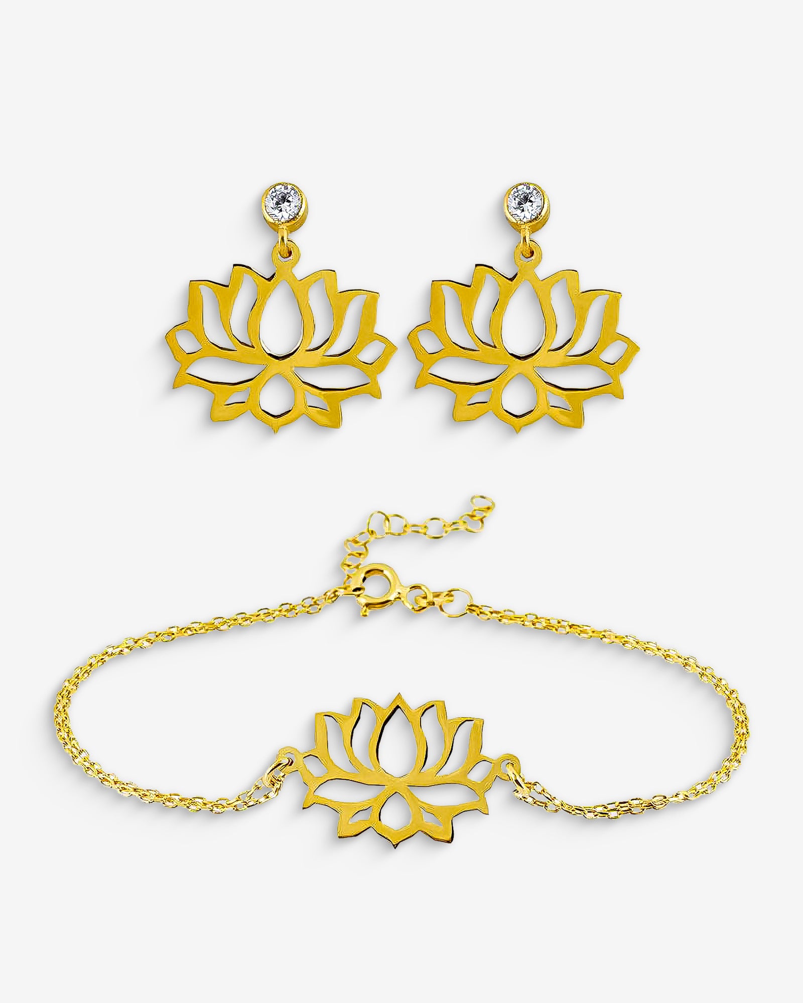 Gold Lotus Flower Jewelry Set, Dainty Bracelet & Earrings