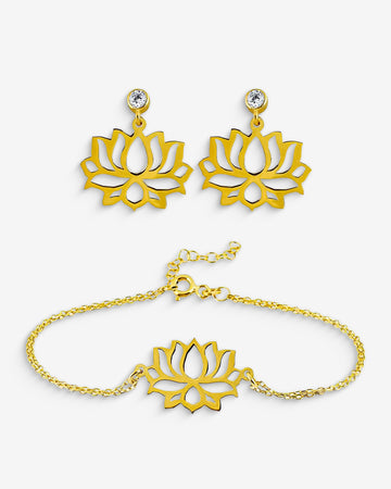 Gold Lotus Flower Jewelry Set, Dainty Bracelet & Earrings