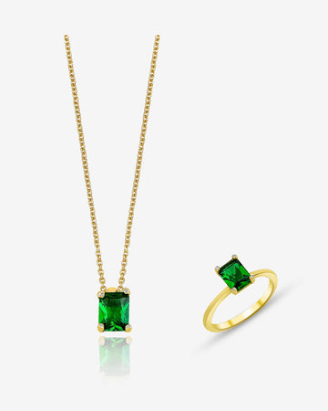 Elegant Emerald Jewelry Set - Rectangle Cut Emerald Pendant - Green Gemstone Necklace And Ring - -