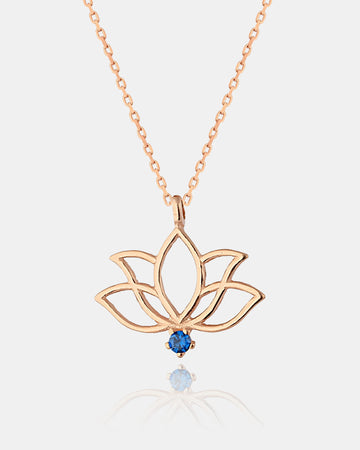 Lotus Flower Necklace, 925 Sterlin Silver Yoga Pendant, Rose Gold Zen Necklace With Tiny (2mm) Navy Gemstone, Necklace For Yogi