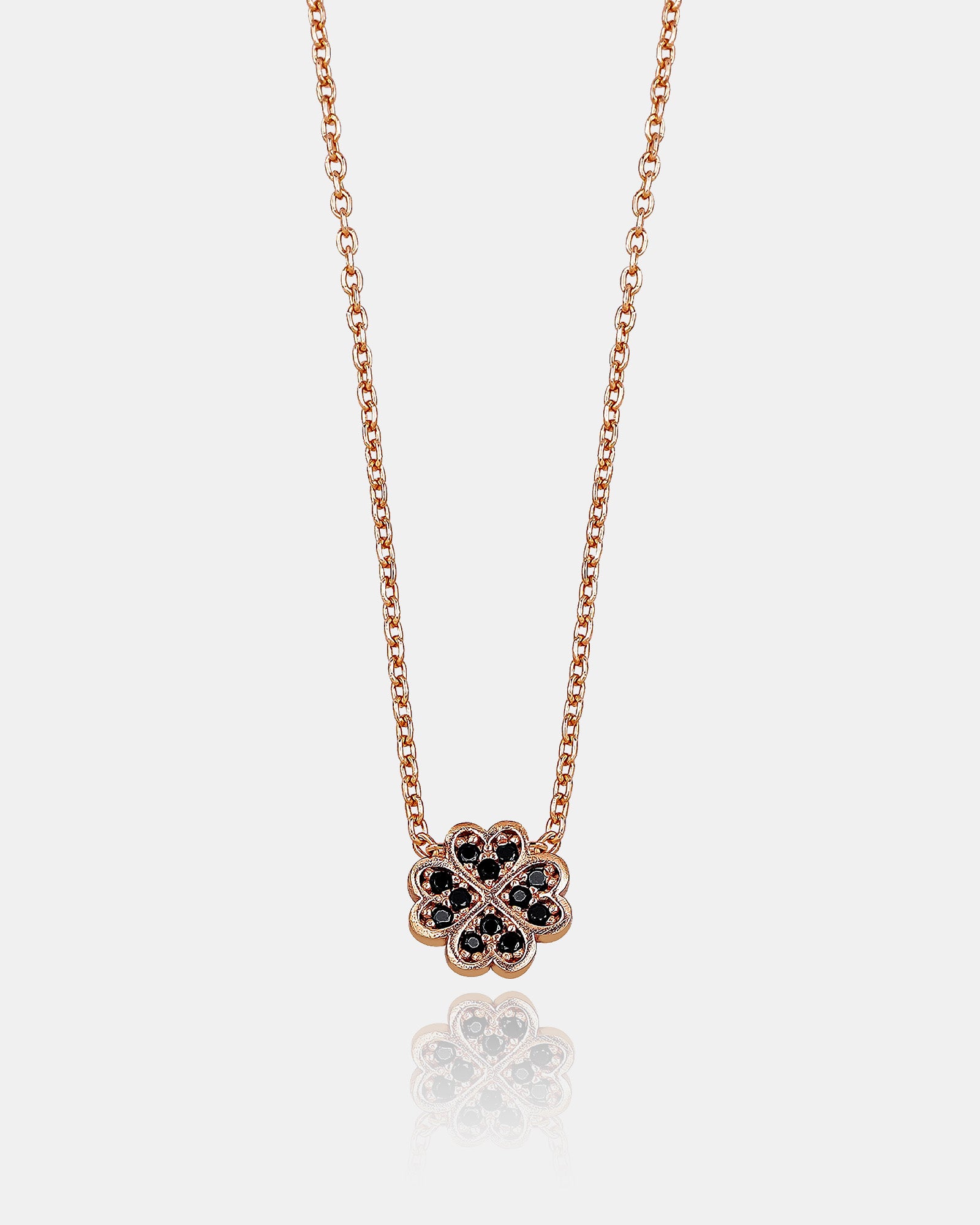 Tiny Four Leaf Clover Necklace - Clover Pendant With Black Gemstone - Rose Gold Color Necklace - Delicate 925 Sterling Silver Jewelry
