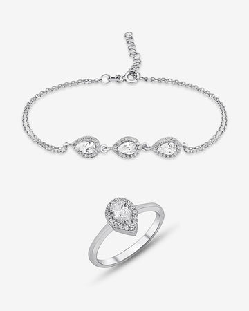 Cz Teardrop Jewelry Set - Bridal Jewelry Set - 925 Sterling Silver Bracelet & Ring - Cz Halo Jewelry - -