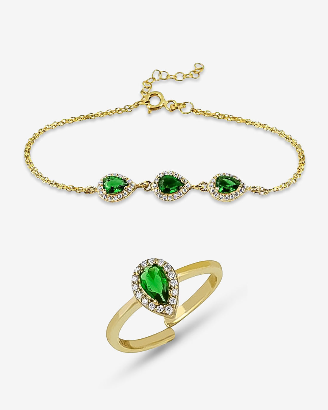 Sparkling Cz Teardrop Jewelry Set - Sapphire / Emerald / Crystal Gemstone Bracelet And Ring - Bridal Jewelry Set -
