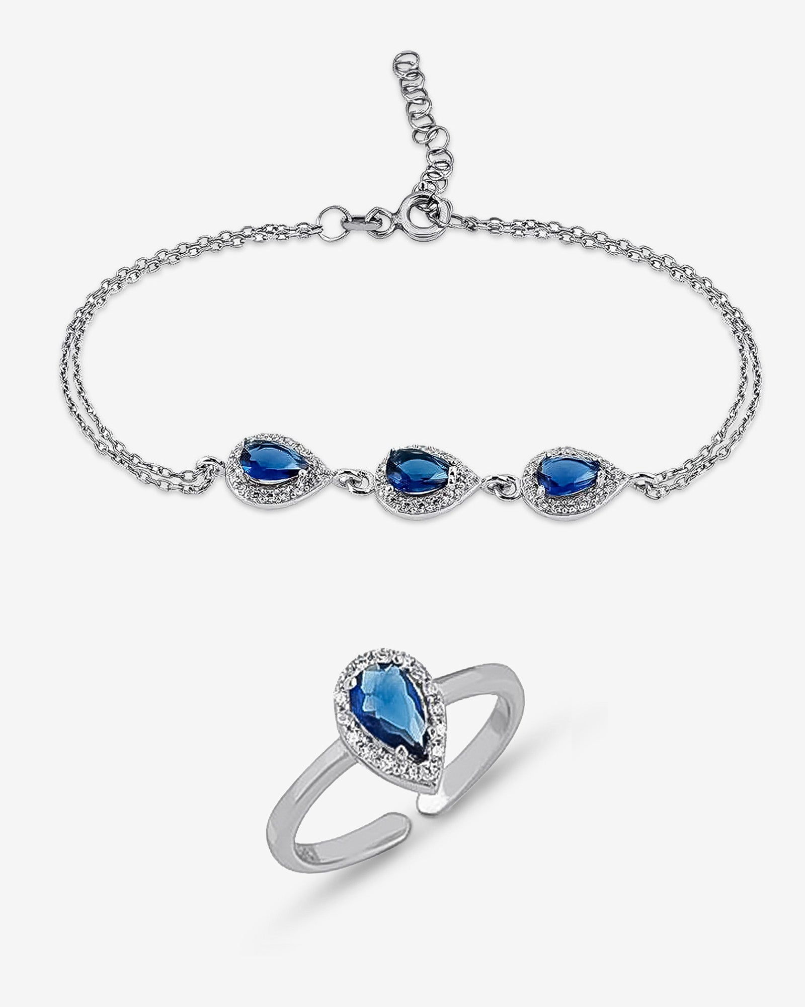 Sparkling Cz Teardrop Jewelry Set - Sapphire / Emerald / Crystal Gemstone Bracelet And Ring - Bridal Jewelry Set -