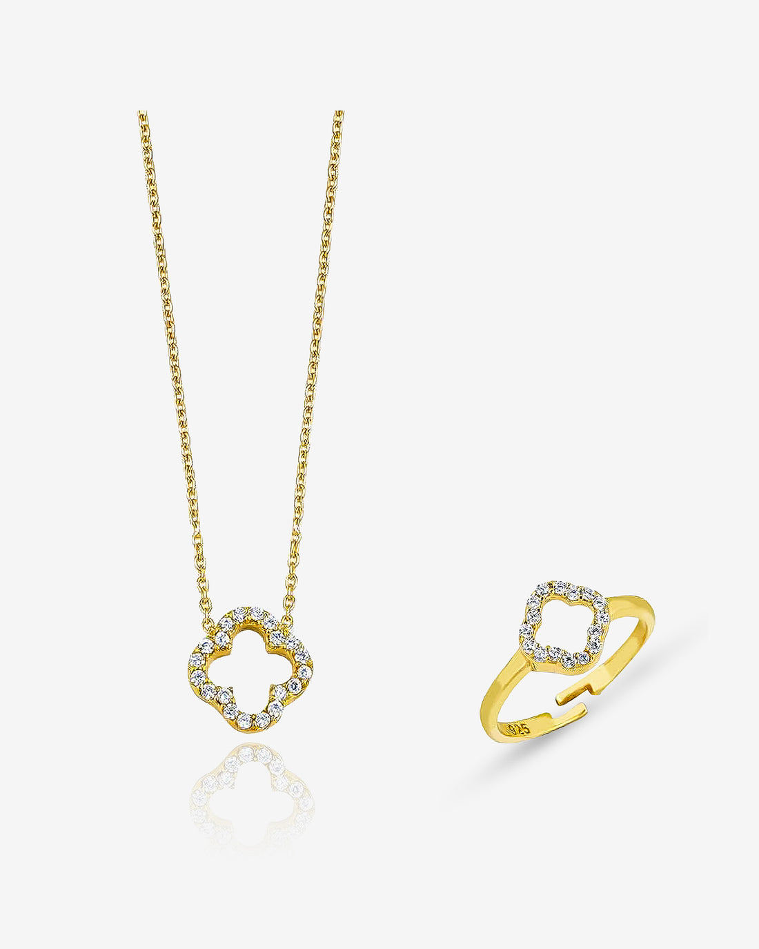 Elegant Four Leaf Clover Jewelry Set , Dainty Necklace And Ring For Good Luck , Symbol Of Luck & Love , Sparkling Good Luck Charm