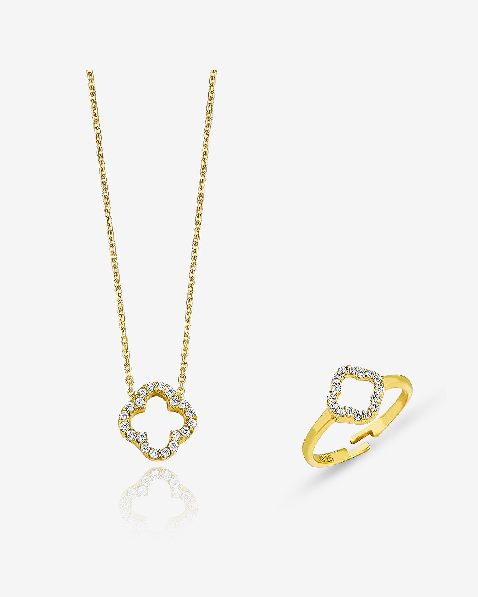 Elegant Four Leaf Clover Jewelry Set , Dainty Necklace And Ring For Good Luck , Symbol Of Luck & Love , Sparkling Good Luck Charm