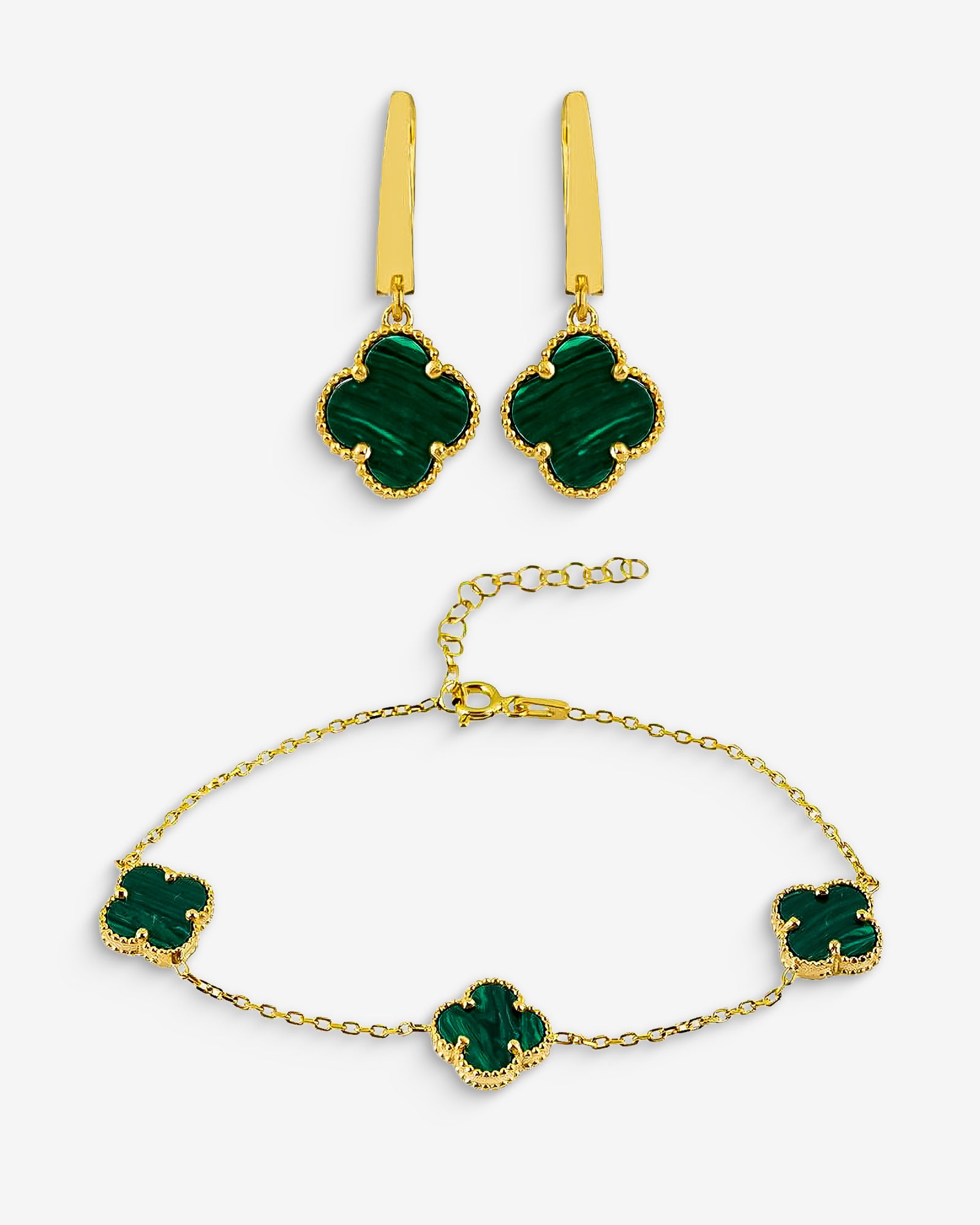 Lucky Clover Jewelry Set , Elegant Four Leaf Clover Bracelet & Earrings , Personalized Clover Jewelry Set , Gemstone Color And Chain Options