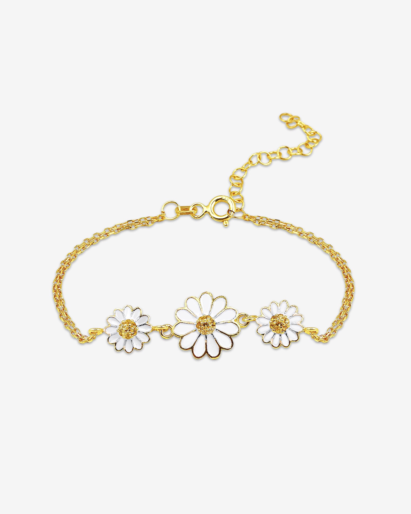 Double Chain Daisy Bracelet - Gold Color Daisy Charm Bracelet - Floral Jewelry - Adjustable 925 Sterling Silver Jewelry - Handmade Gift