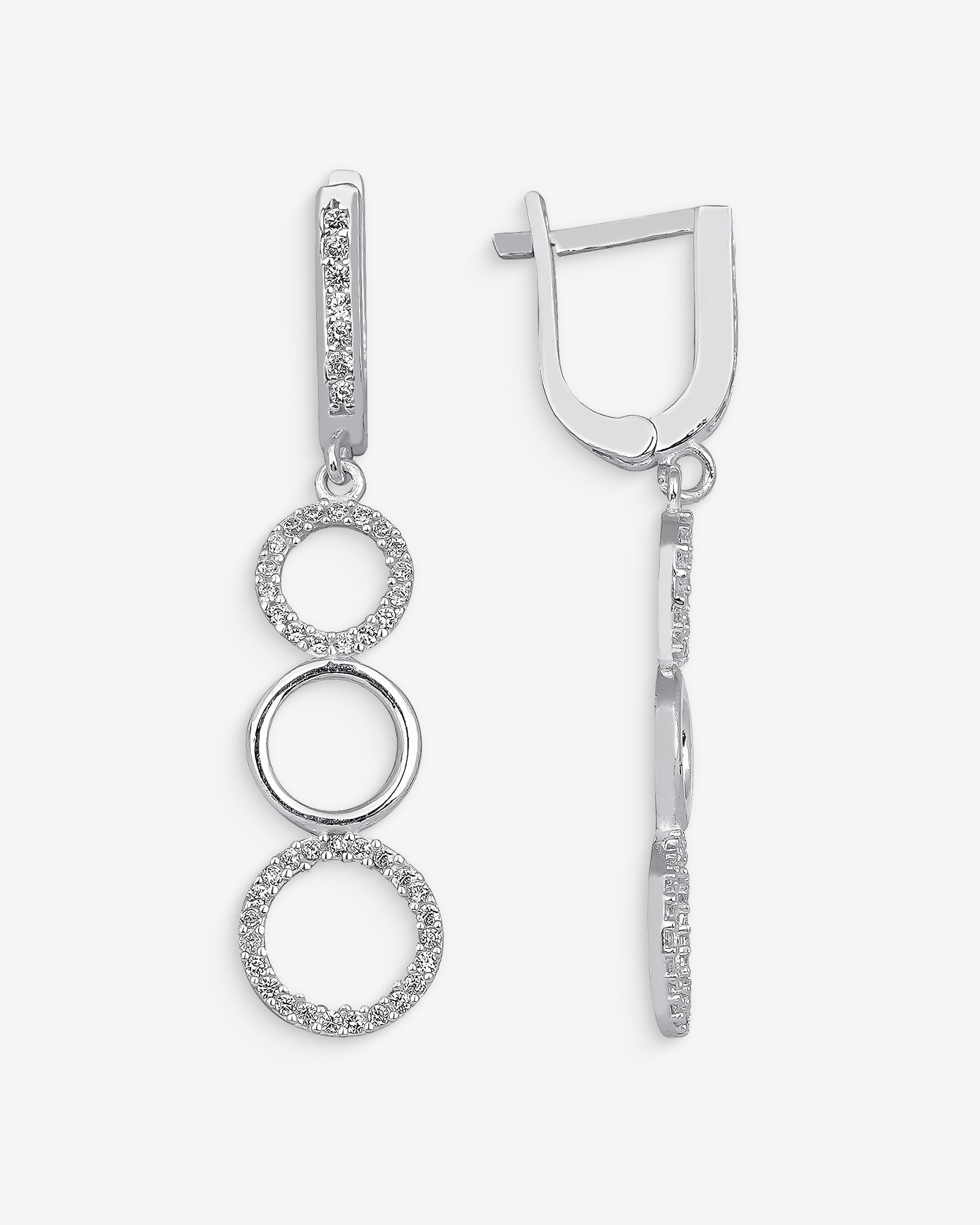 Triple Hoop Dangle Earrings - Shimmering Circles Earrings - Silver Triple Circle Cz Drop Earrings - Modern Jewelry For Women